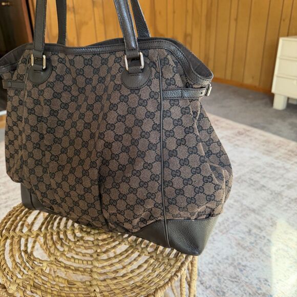 GUCCI GG Nylon Full Moon Tote Bag Brown Leather Canvas Large Monogrammed Print - Picture 4 of 16